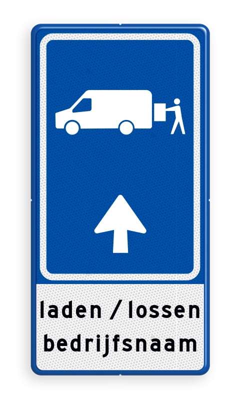 Parkeerroute borden - parkeerroutebord-e8p-laden-en-lossen-busje-met-pijl-en-bedrijfsnaam-Traffictotaal.nl