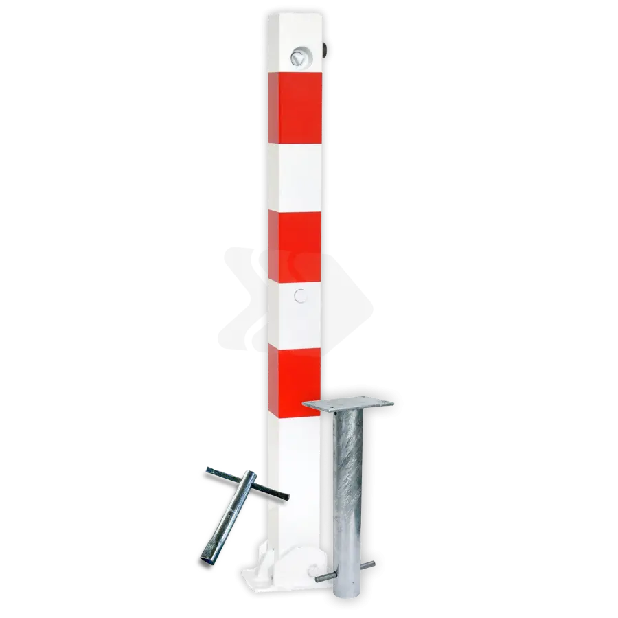 Parkeerpalen - parkeerpaal-70x70mm-rood-wit-neerklapbaar-met-grondstuk-3-traffictotaal.nl