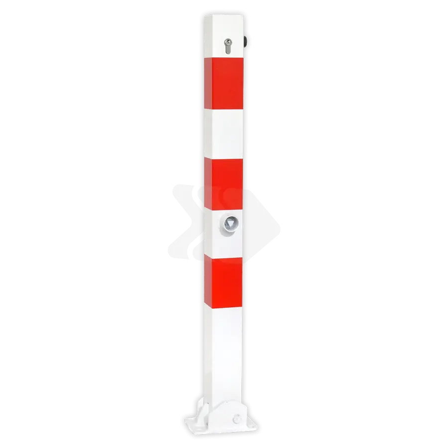 Parkeerpalen - parkeerpaal-70x70mm-wit-rood-neerklapbaar-met-bodemmontage-cilinderslot-traffictotaal.nl