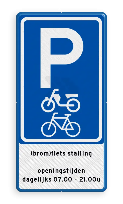 Parkeerborden (toegestaan) - verkeersbord-fietsenstalling-parkeren-bromfietsen-eigen-tekst-traffictotaal.nl