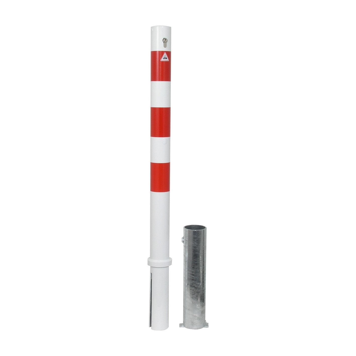 Parkeerpalen - Afzetpaal rond met grondhuls en cilinderslot rood-wit Ø 76mm